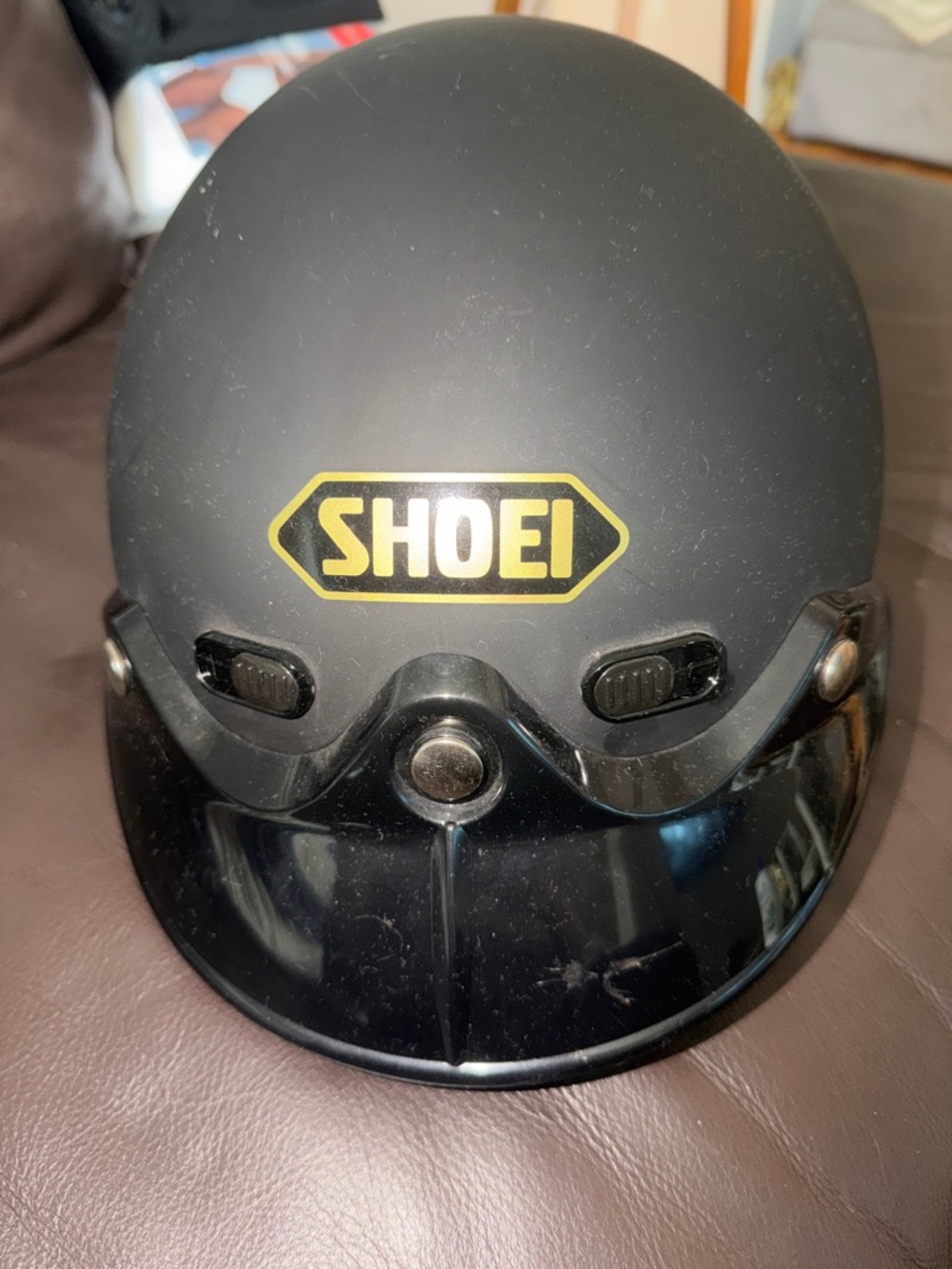 Matte Black Half Helmet with Leather Chin Guard